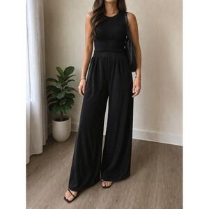 Black Pleated Wide Leg Palazzo Pants Sz L Minimalist Chic Flowy Capsule Neutral